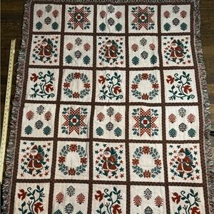 Vintage Christmas Throw Blanket Fringes 66" X 46" Santa Xmas Tree Wreath